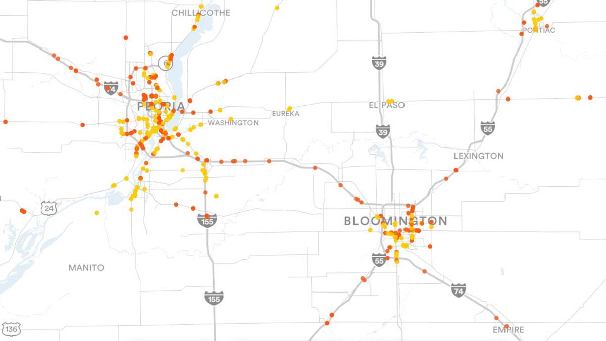 Peoria, IL and Bloomington, IL Billboards Map